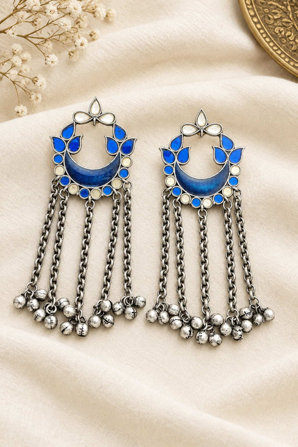 Blue Glass Brass Earrings