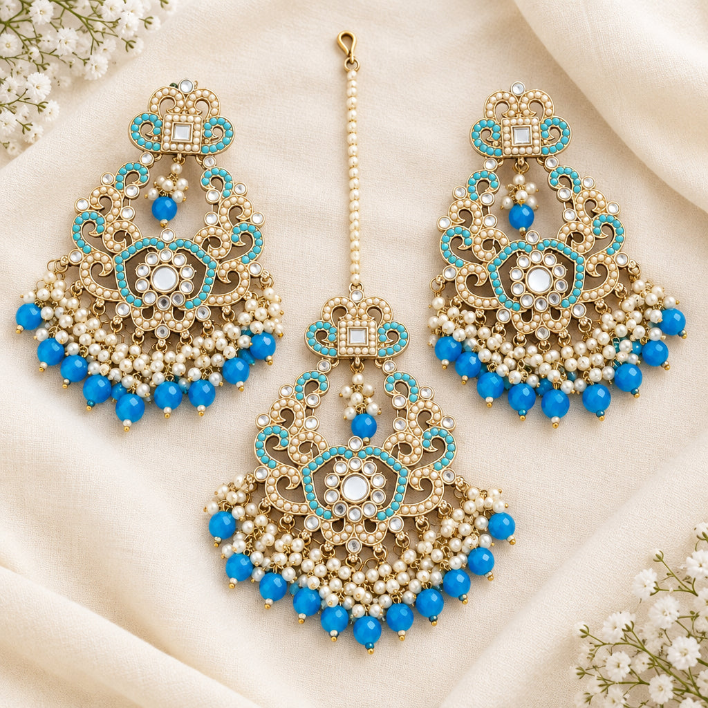 Imaan mirror Chandbalis with maangtika - Blue