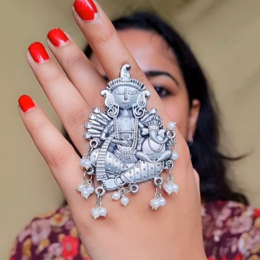 Durga- Ganesha oxidised Ring