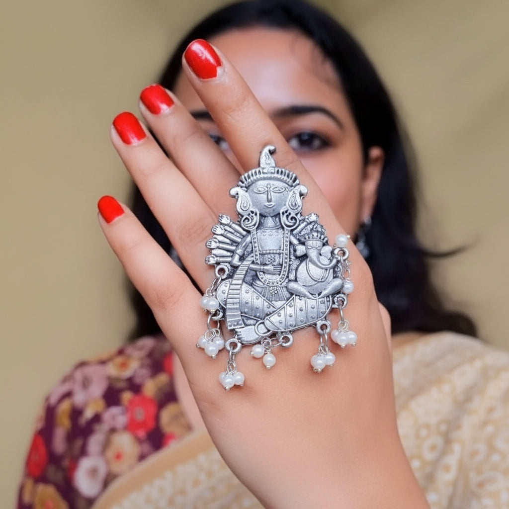 Durga- Ganesha oxidised Ring