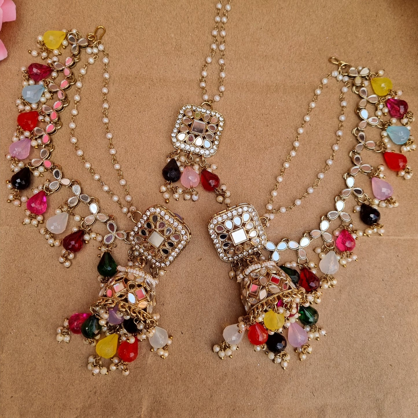 Mirror Extension Jhumka with mirror Mangtika