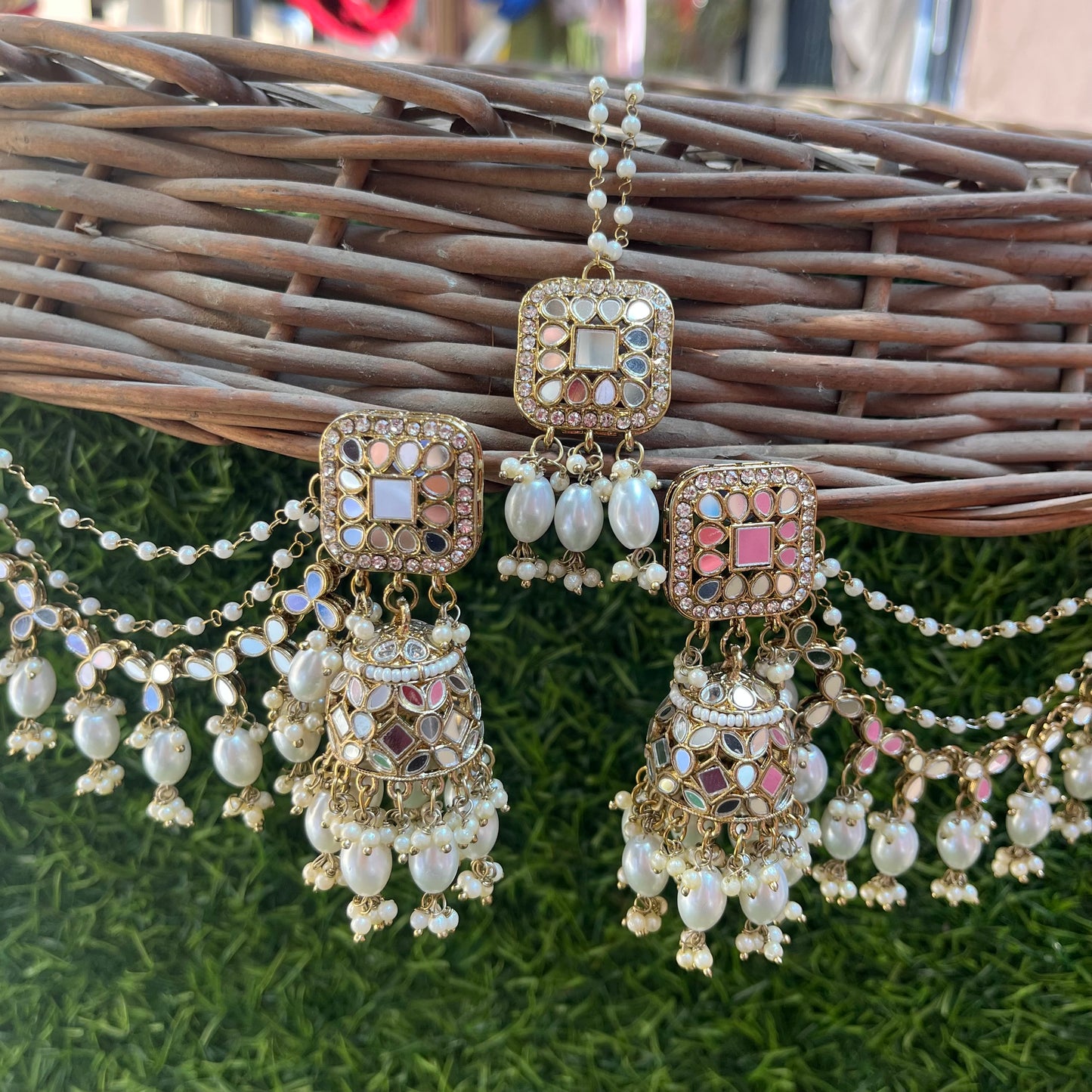 Mirror Extension Jhumka with mirror Mangtika