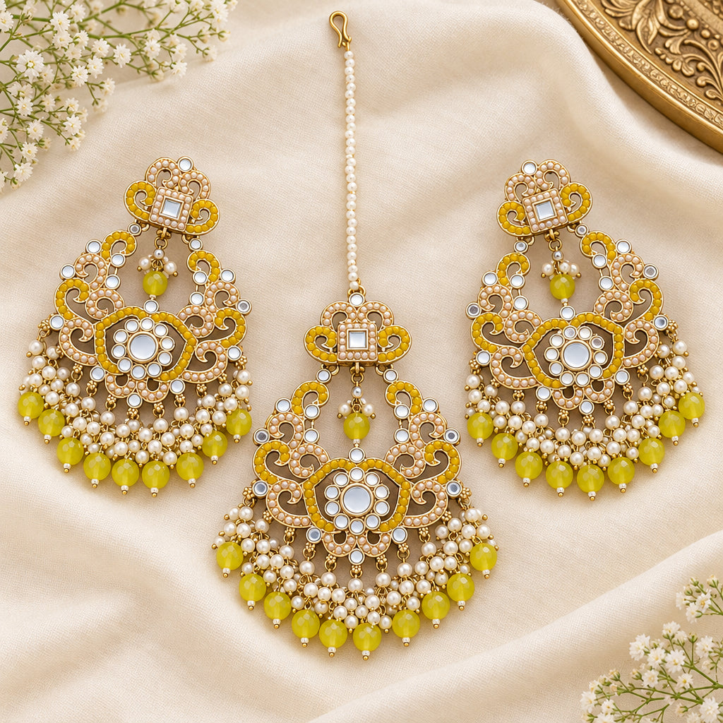 Imaan mirror Chandbalis with maangtika - yellow