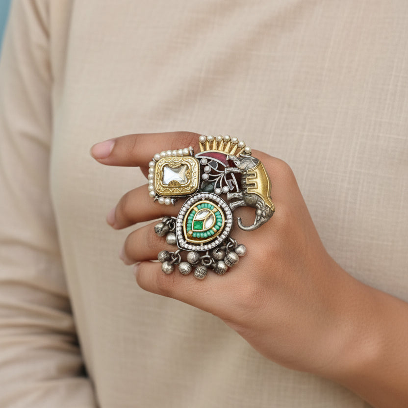 Elephant Dual Pachi Kundan Statement Ring