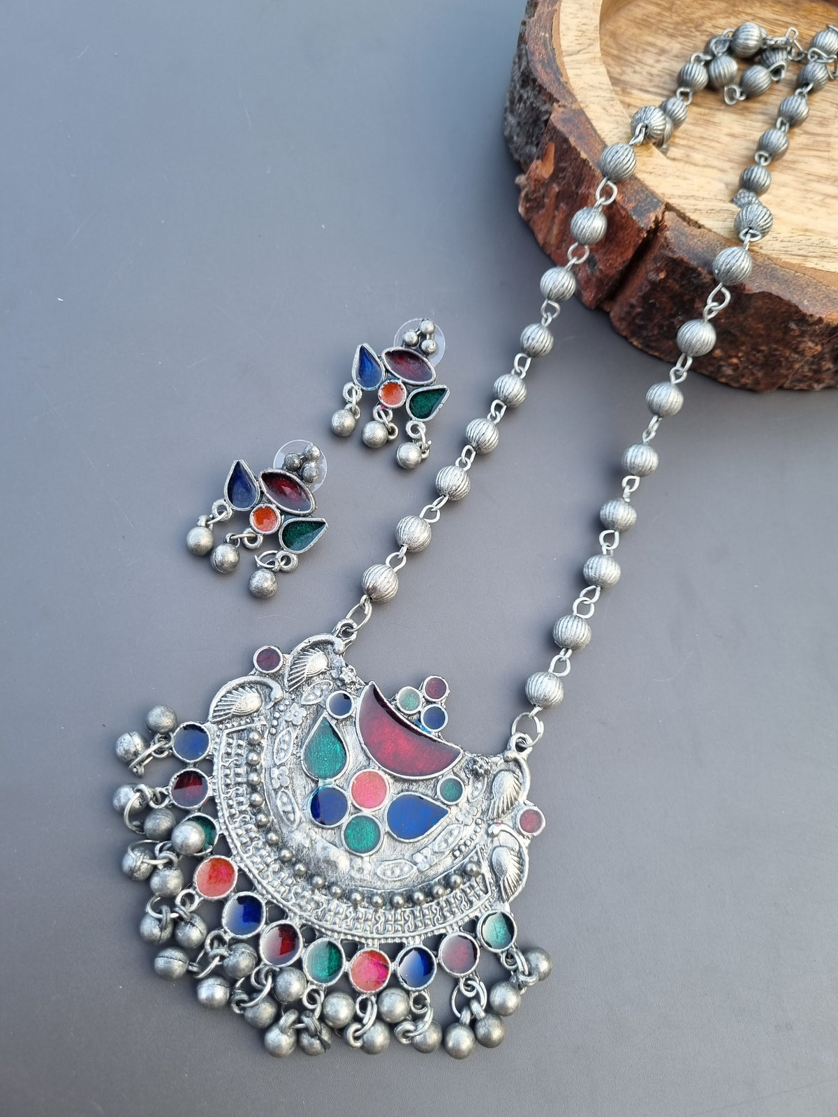Enamel Long Oxidised Necklace Set
