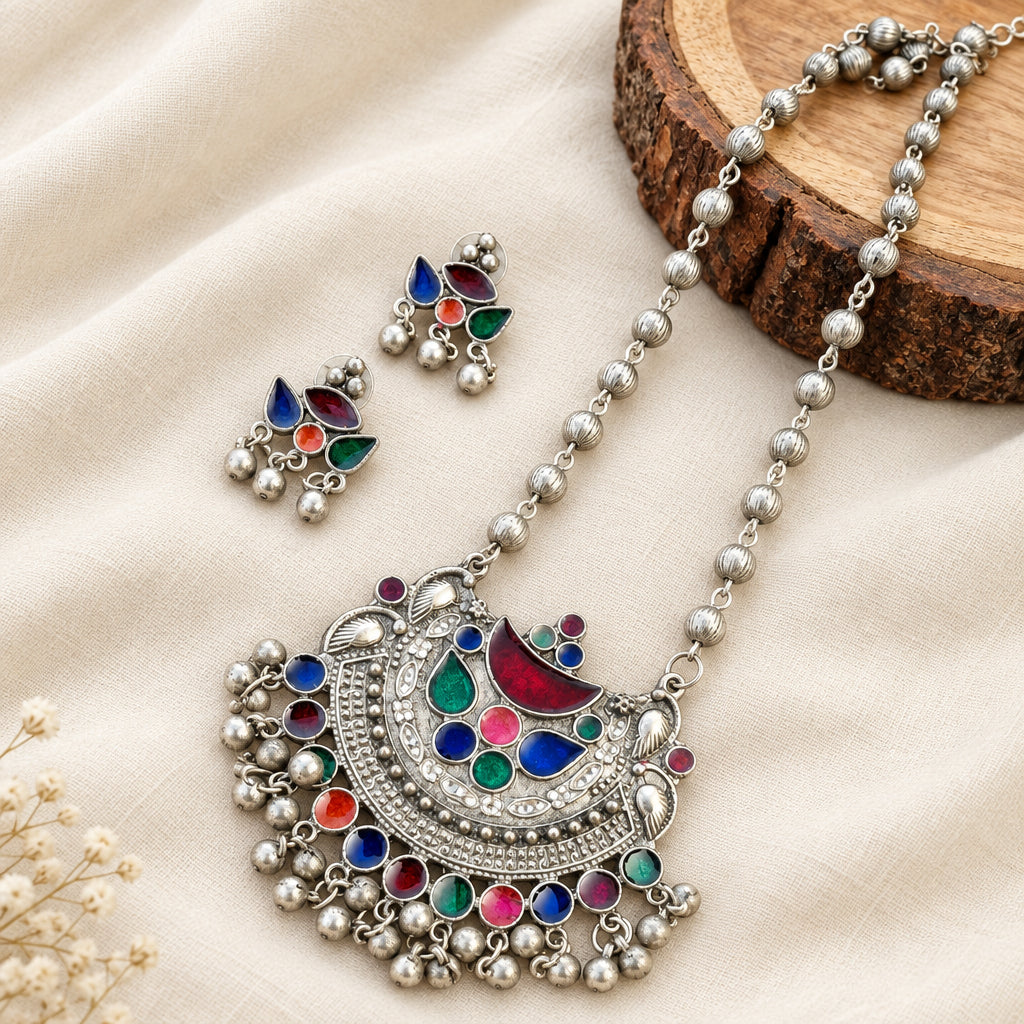 Enamel Long Oxidised Necklace Set