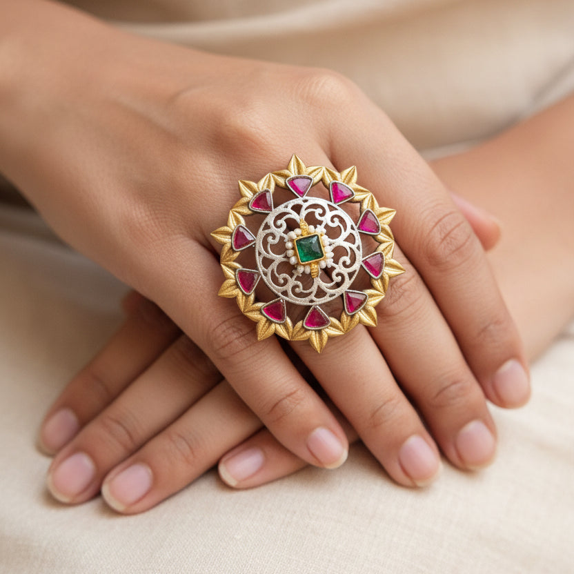 Pachi Kundan Dual Brass Ring
