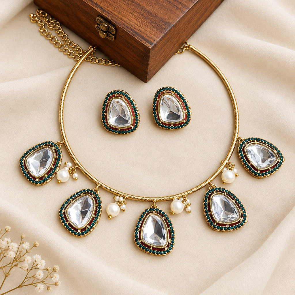Green stone Kundan hasli set