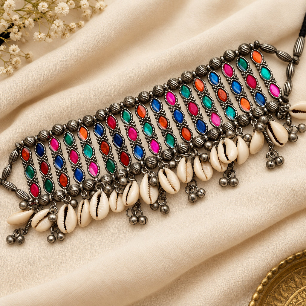 Ghunghru Shell Oxidised Choker