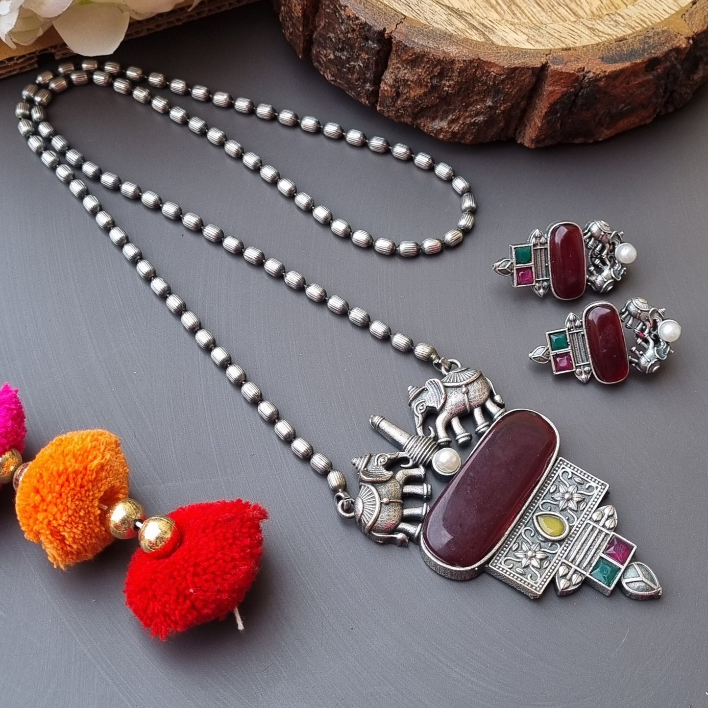 Gaj Brass Pendant set- Ruby