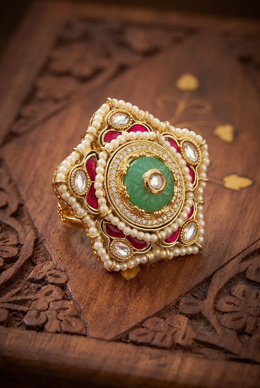 Pachi Kundan Statement Golden Ring