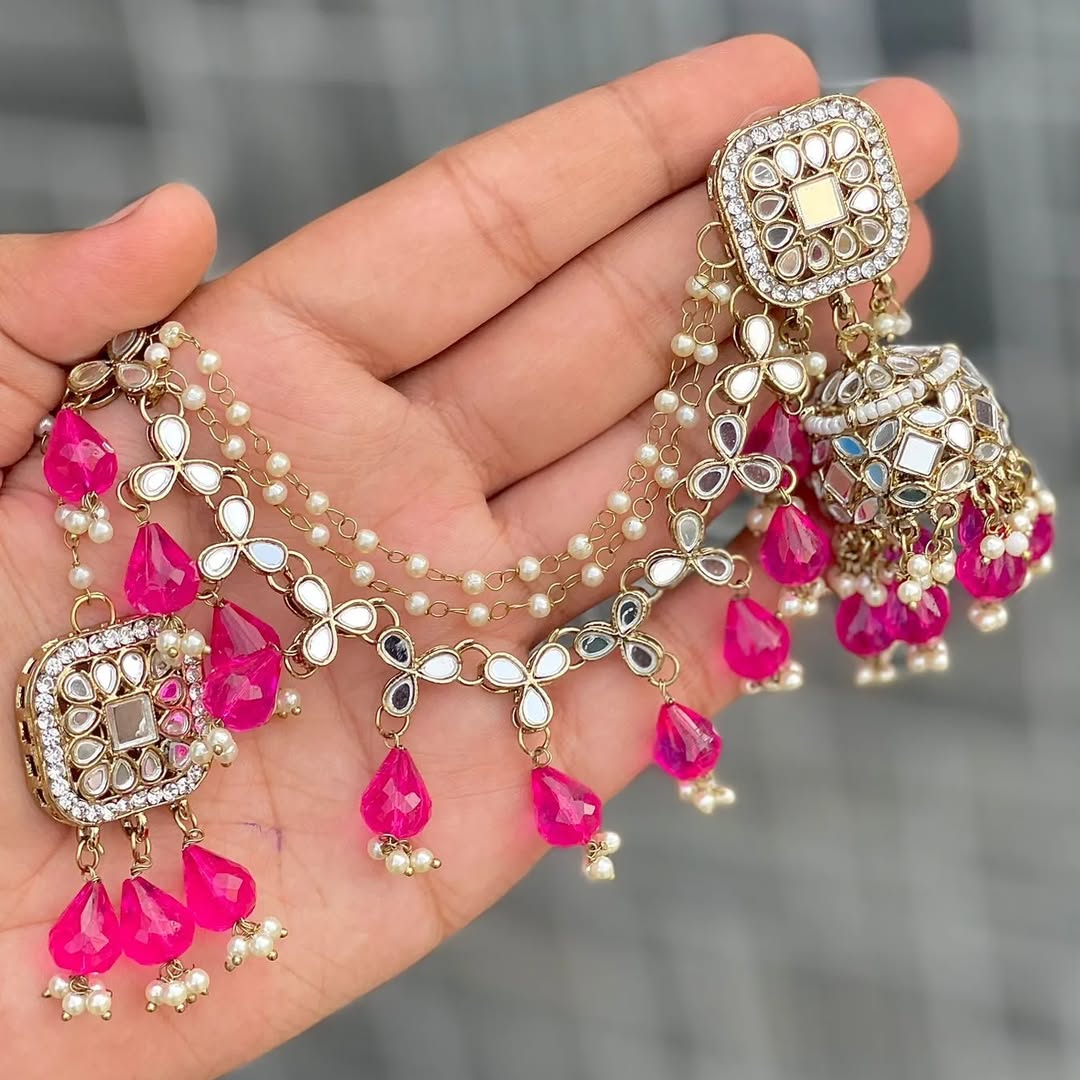 Mirror Extension Jhumka with Mangtik- Pink
