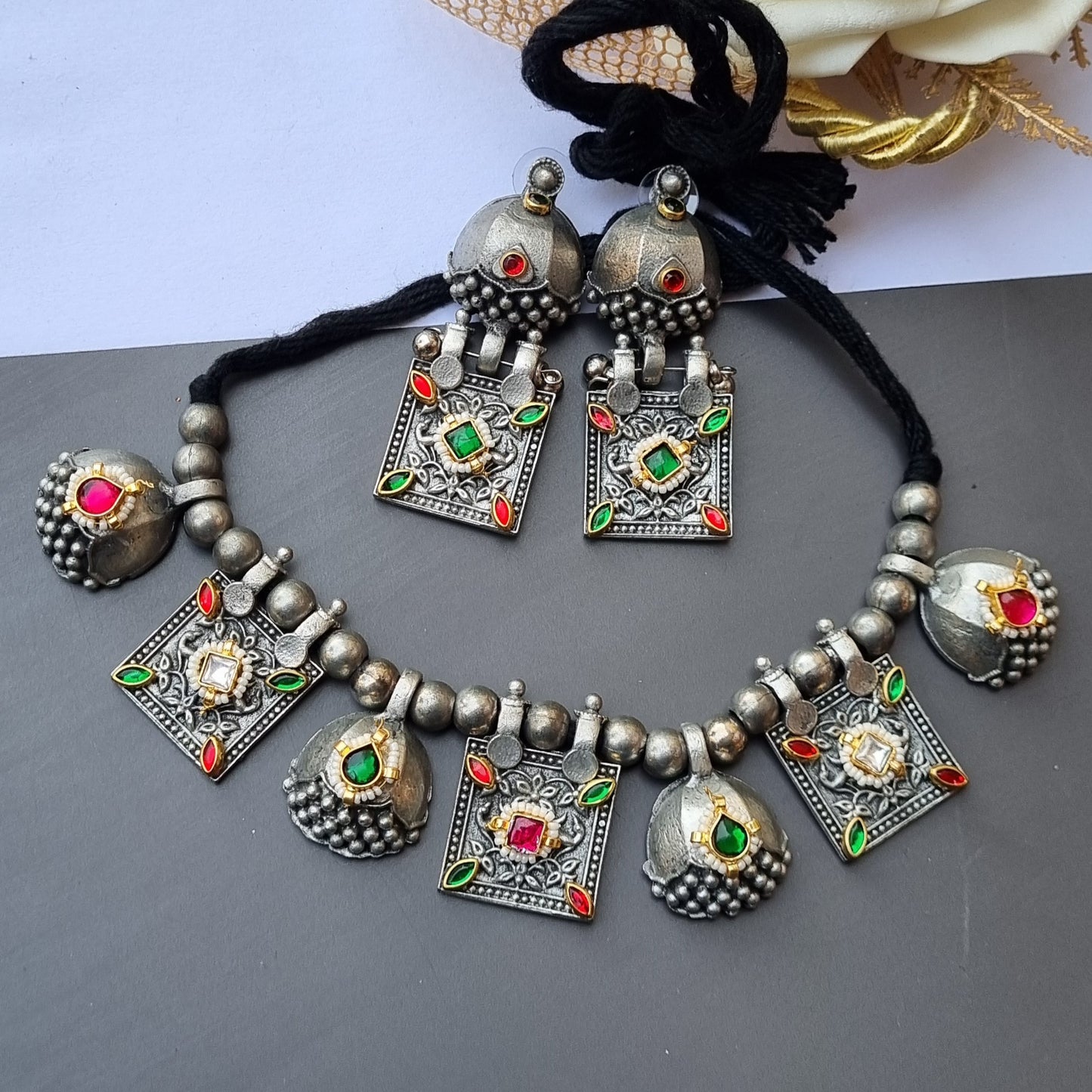 Pachi Kundan Oxidised Set