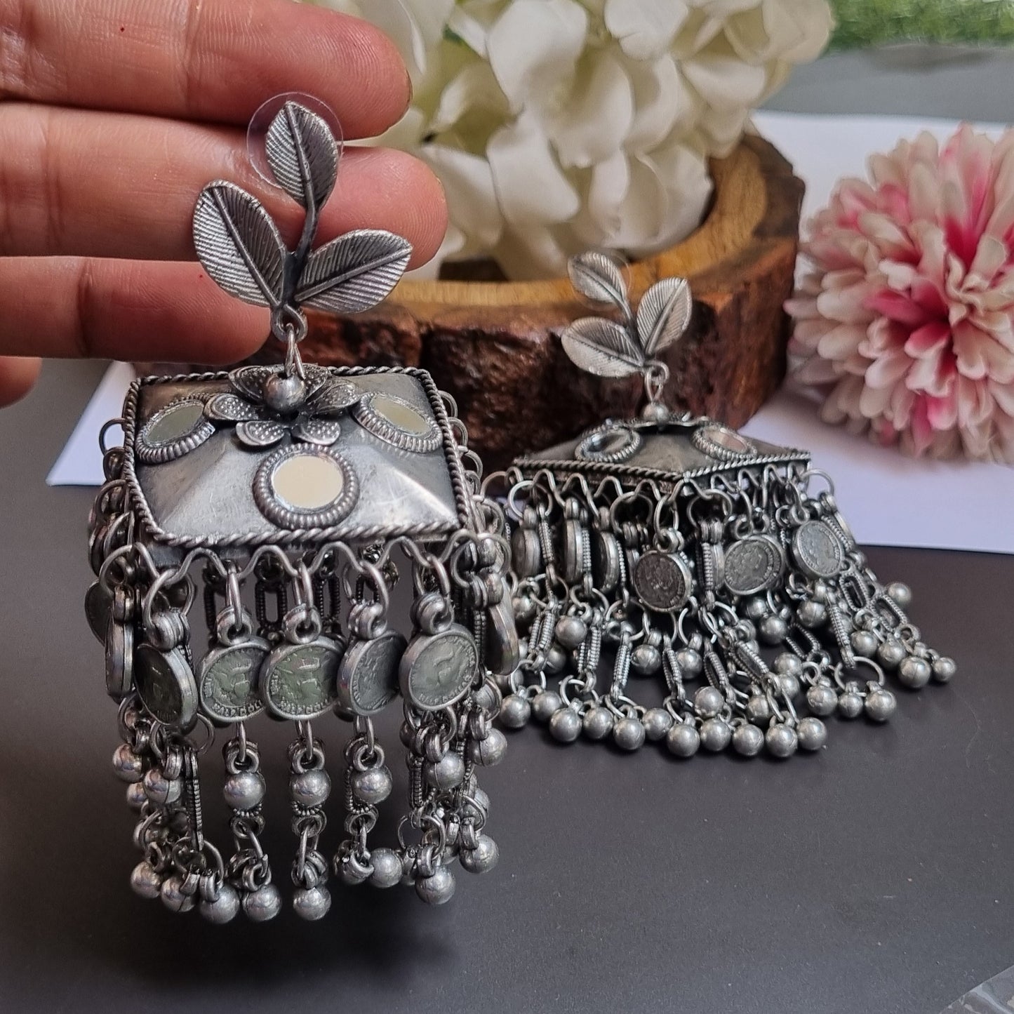 Mirror Oxidised jhumka