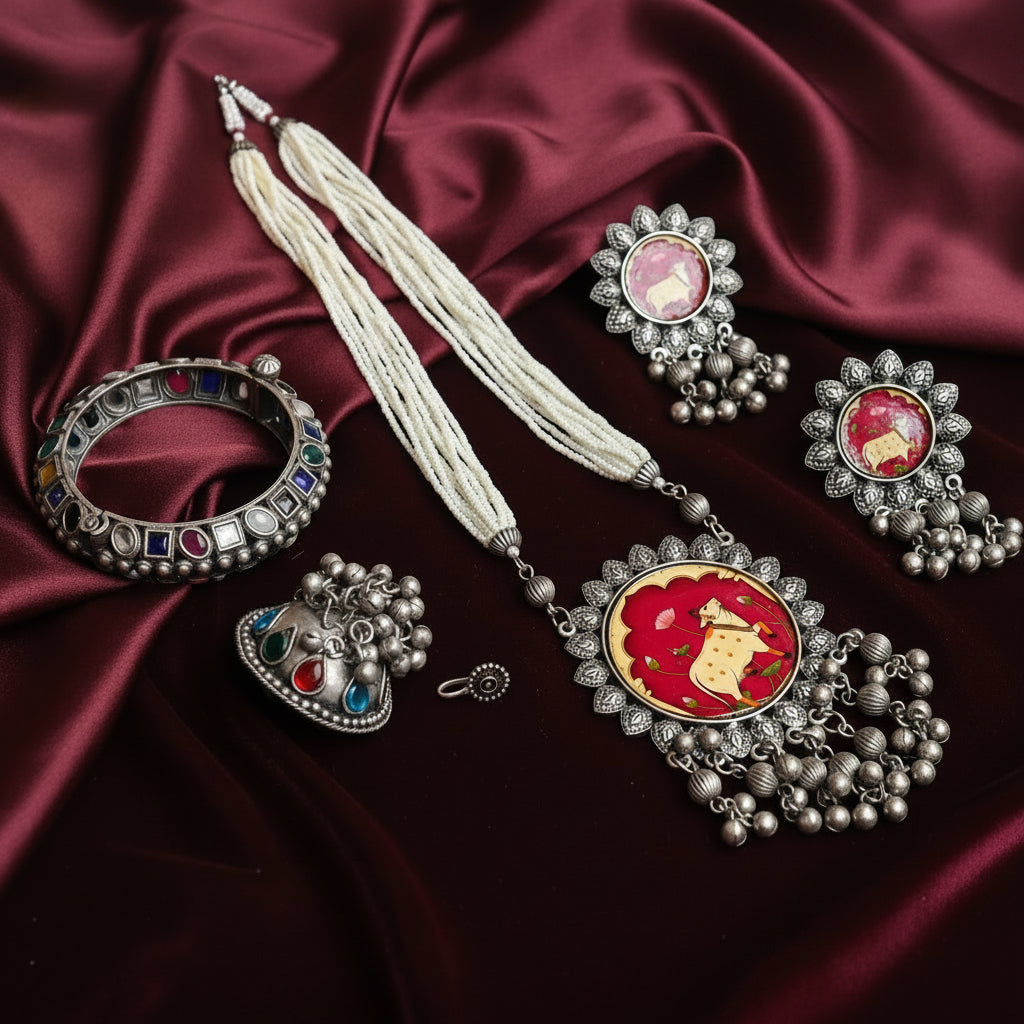 Ornate silver jewelry set with colorful stones on a garba night