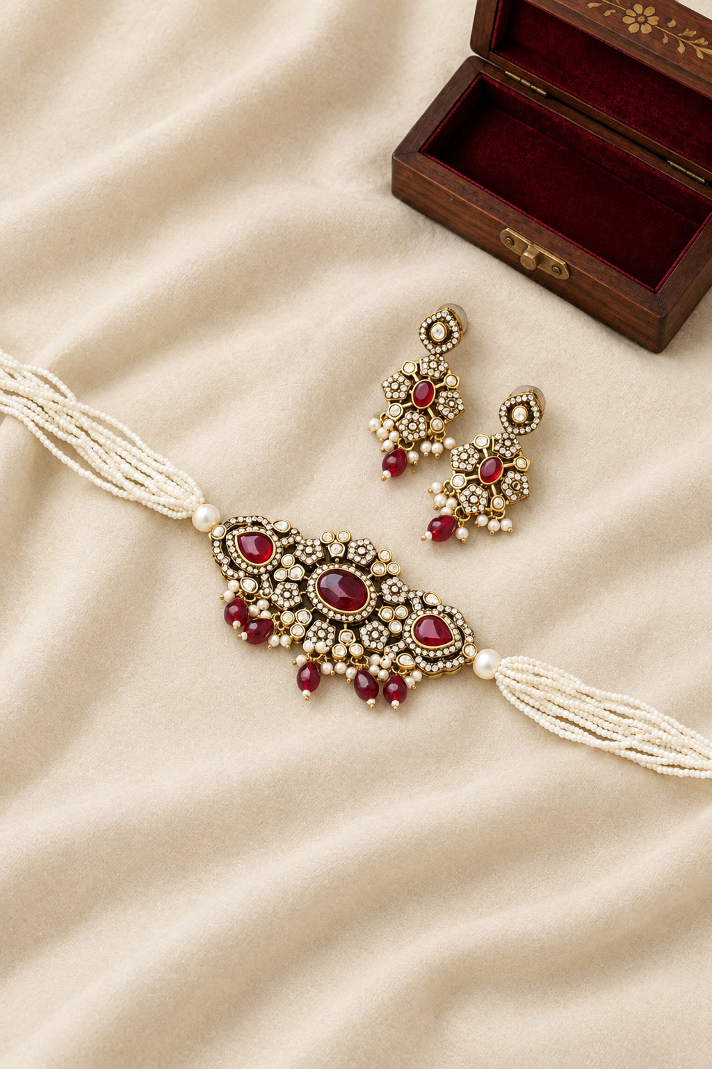 Ornate necklace and earrings on a red surface with a wooden box in the background