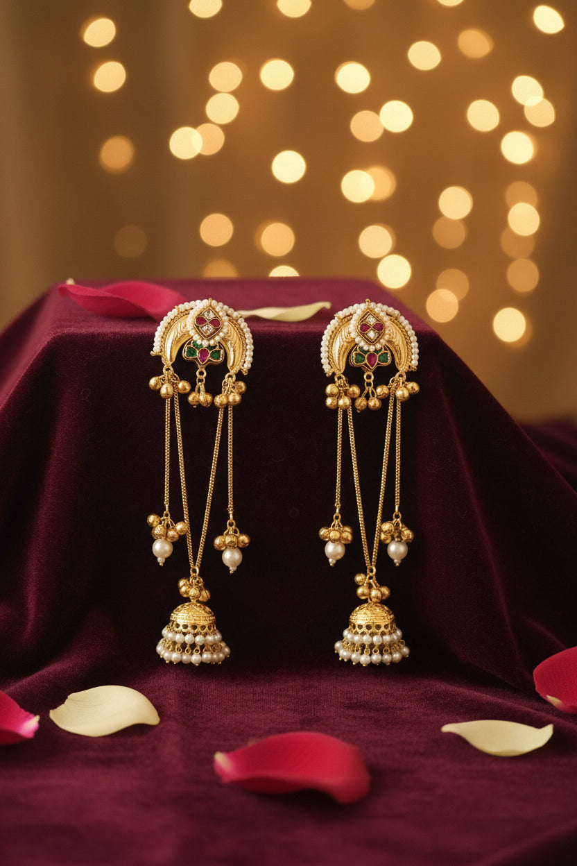 Golden Pachi Kundan Kashmiri Earrings