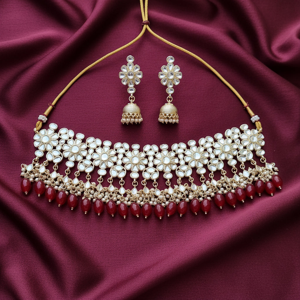 Ornate necklace with red beads and matching earrings on a red background