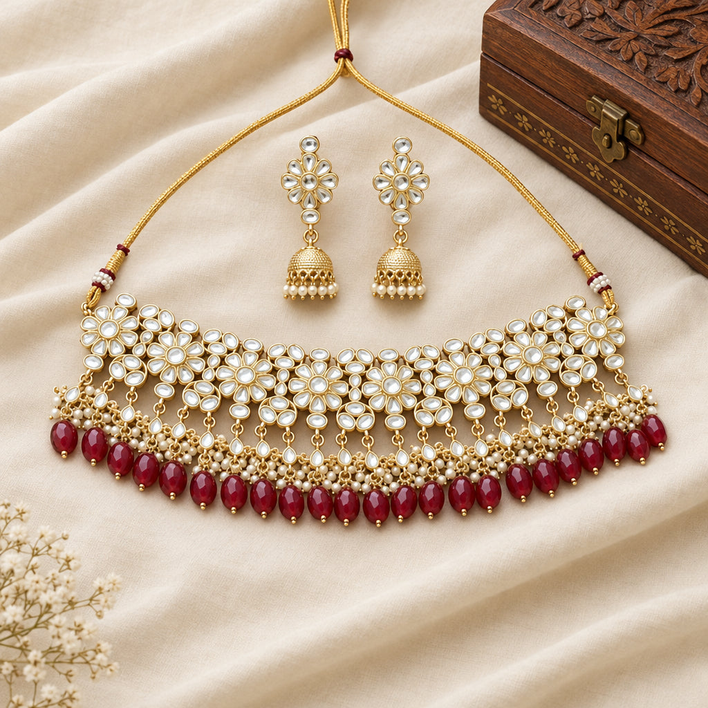 Ornate necklace with red beads and matching earrings on a red background