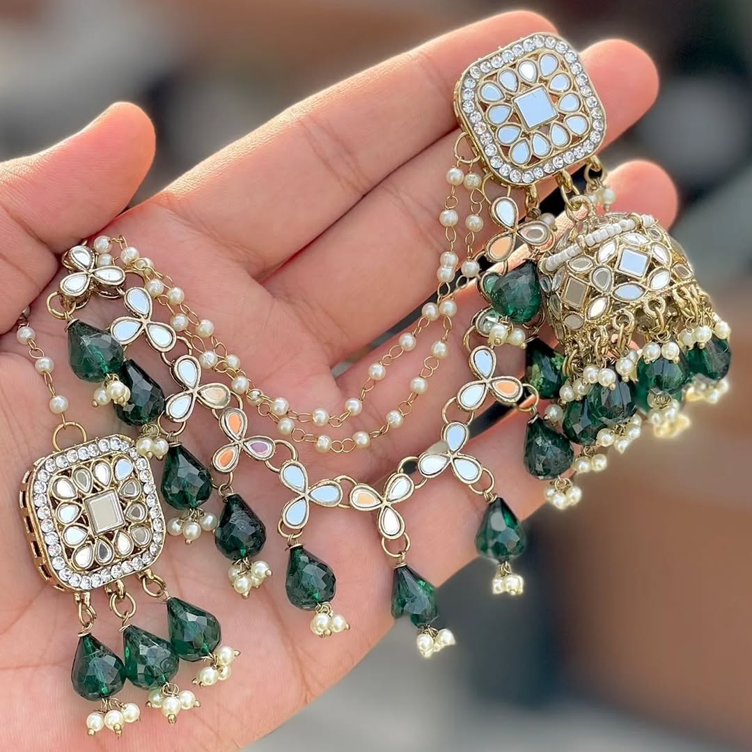 Mirror Extension Jhumka with Mangtik- Green