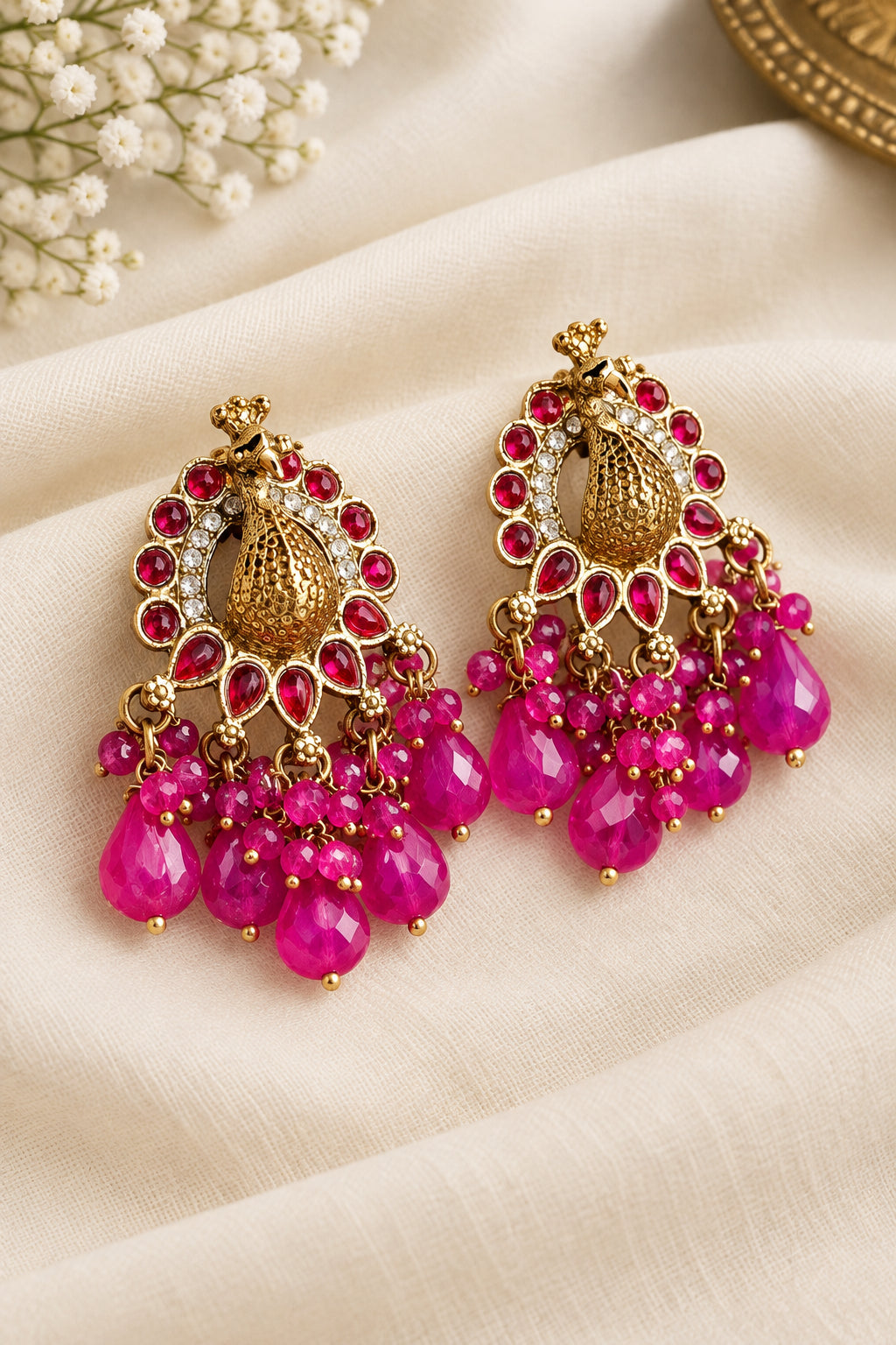Peacock Golden Earrings- Pink