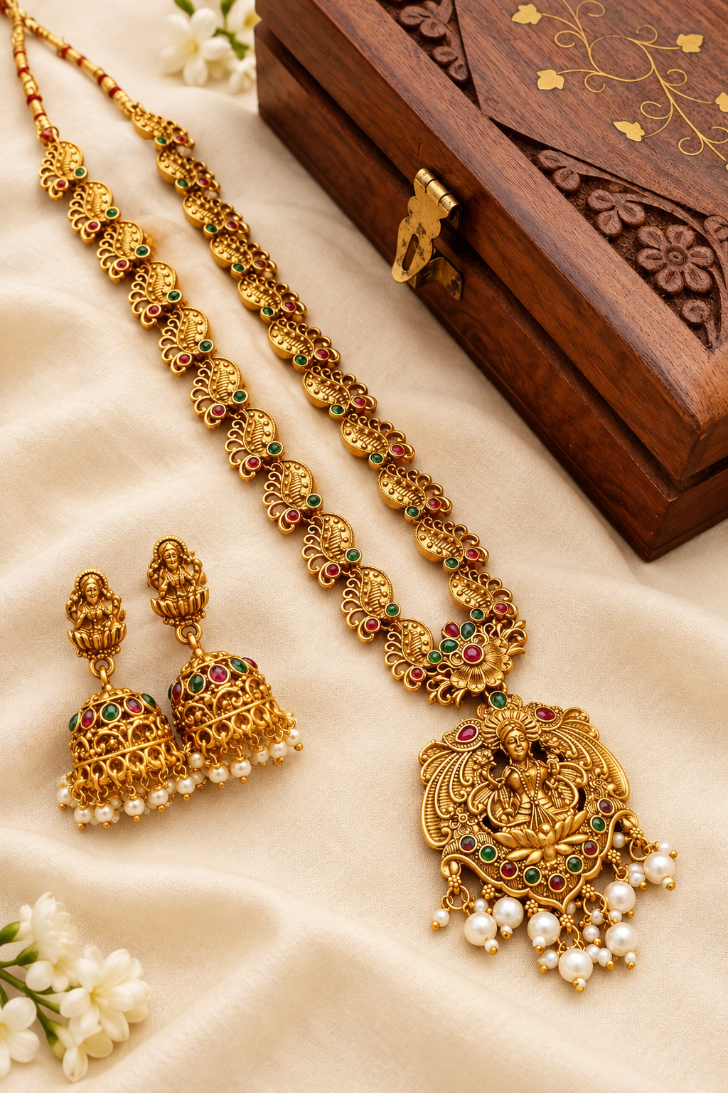 Laxmi Gold Long Necklace Set- Tenple Jewellery
