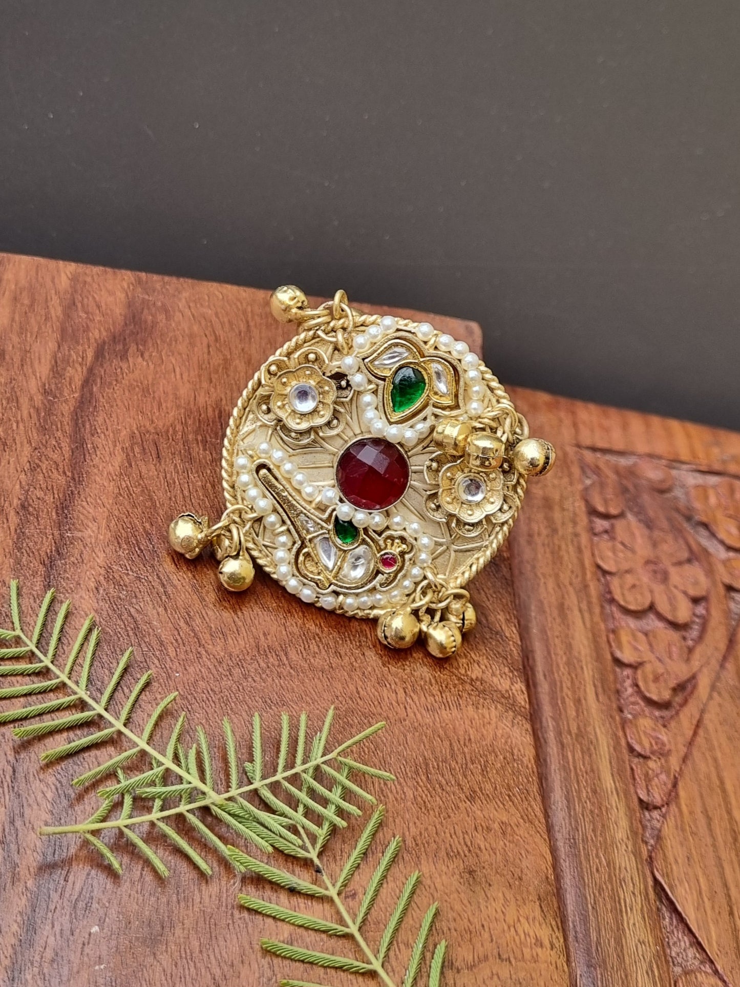 Pachi Kundan Statement Golden Ring