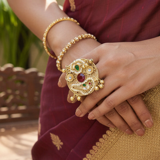 Pachi Kundan Statement Golden Ring