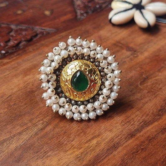 Pearl Statement Brass Ring- Black stone