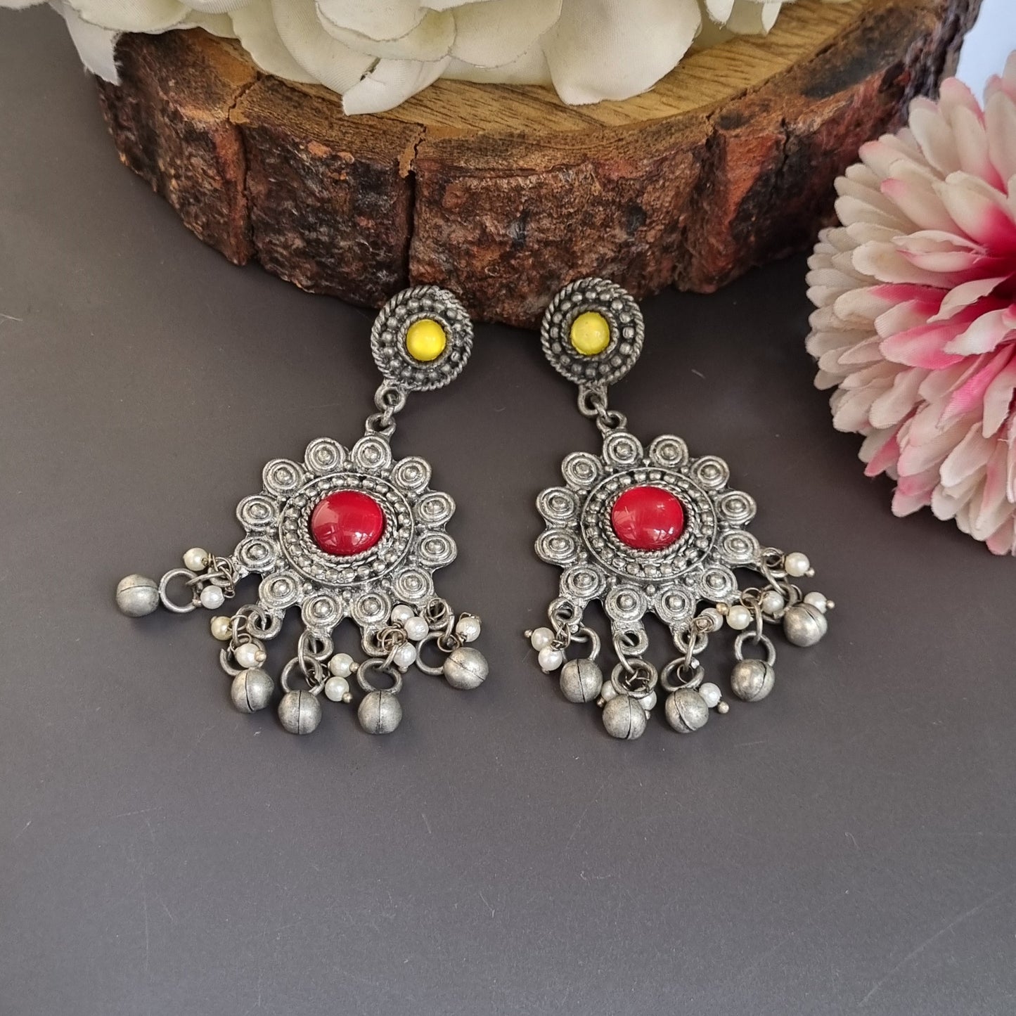 Monalisa stone oxidised earrings