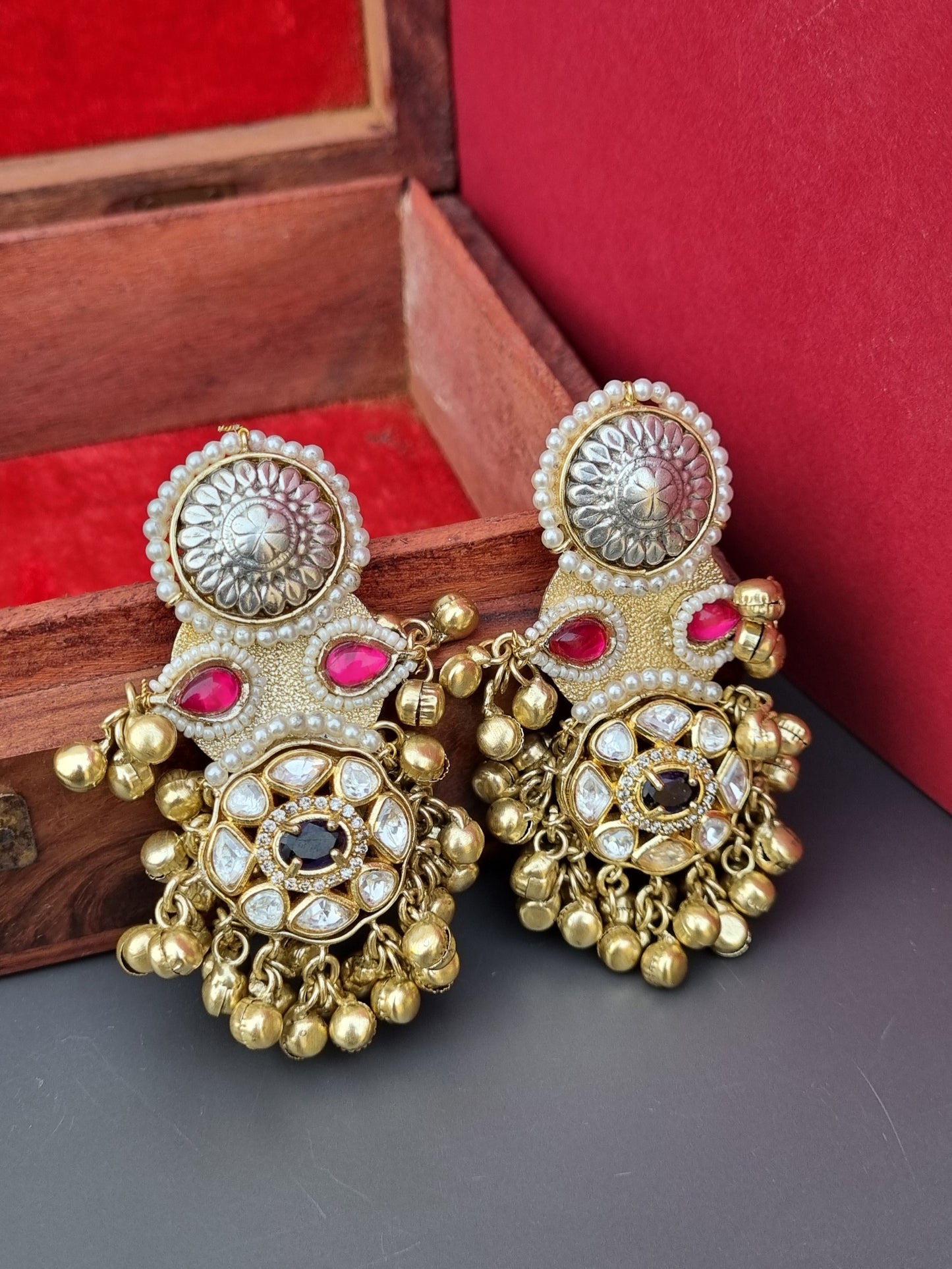 Zoya Polki Golden Pachi Statement Earrings- Wine color