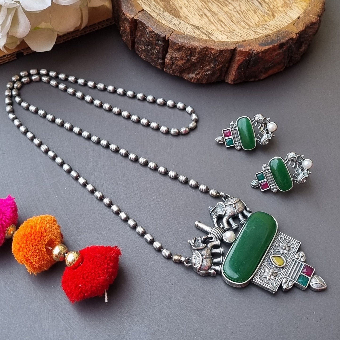 Gaj Brass Pendant Set- Green