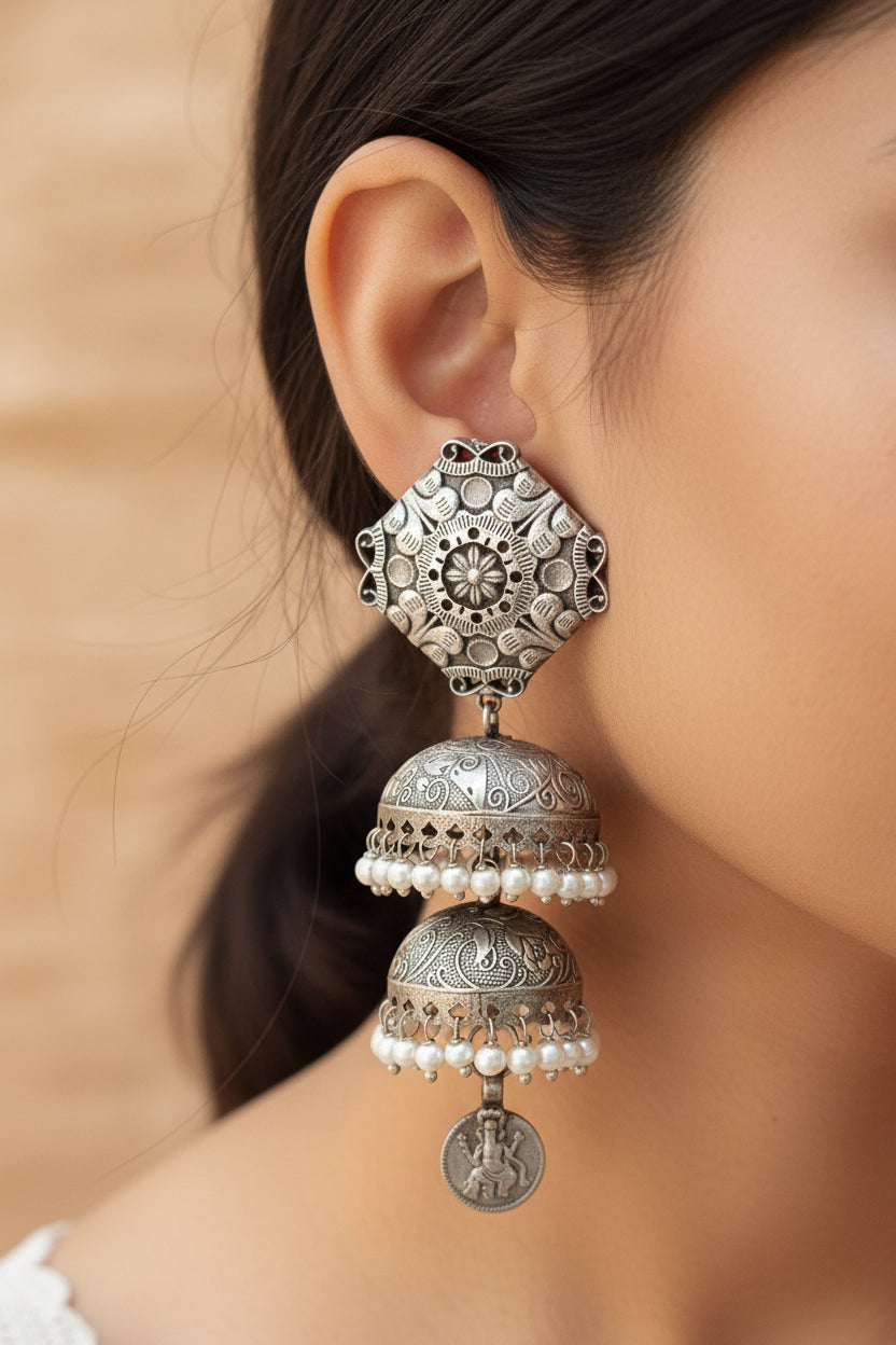 Imarat silver layered Brass Jhumka -Bahara Collection