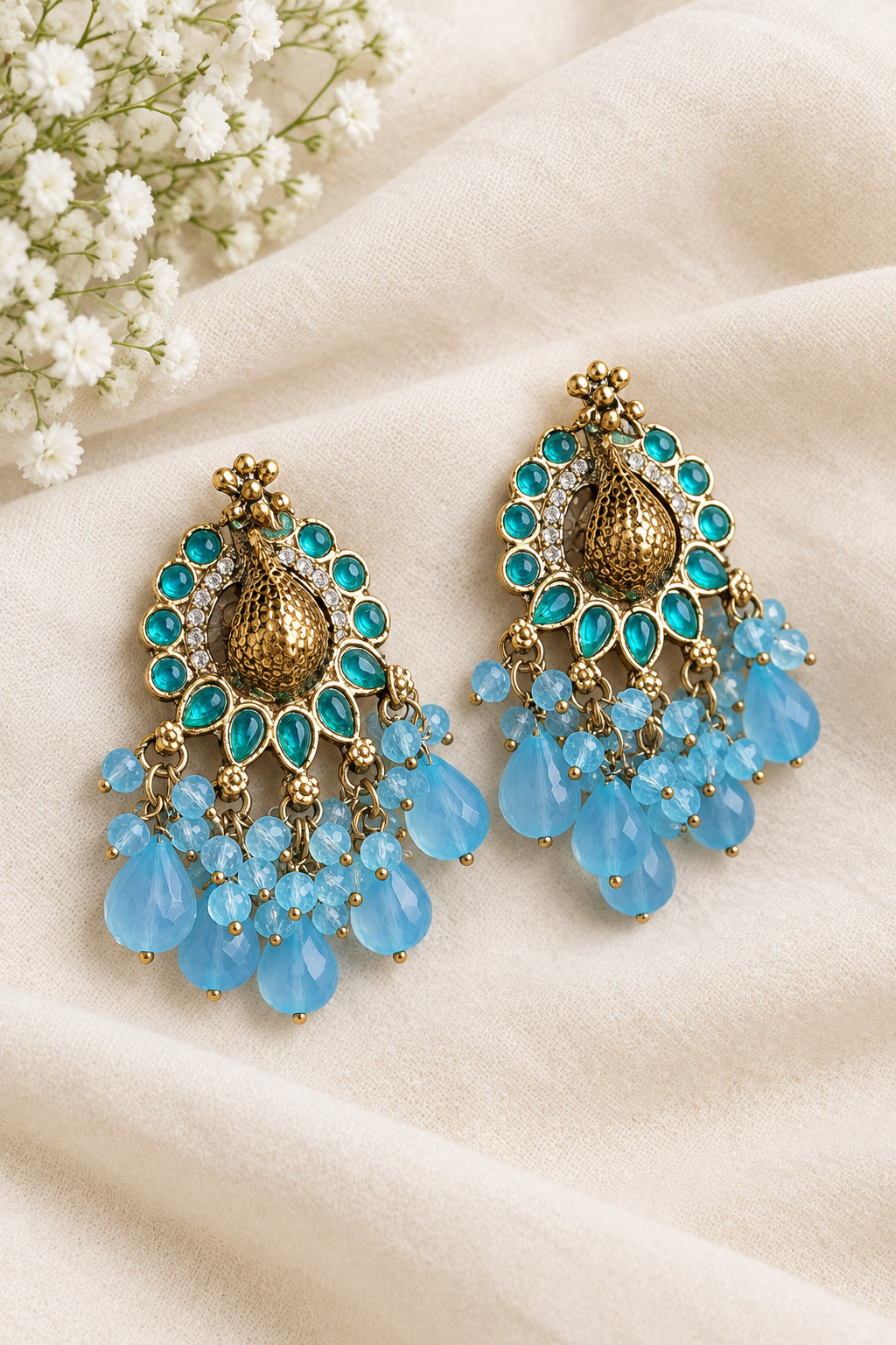 Peacock Golden Earrings-Bright Blue