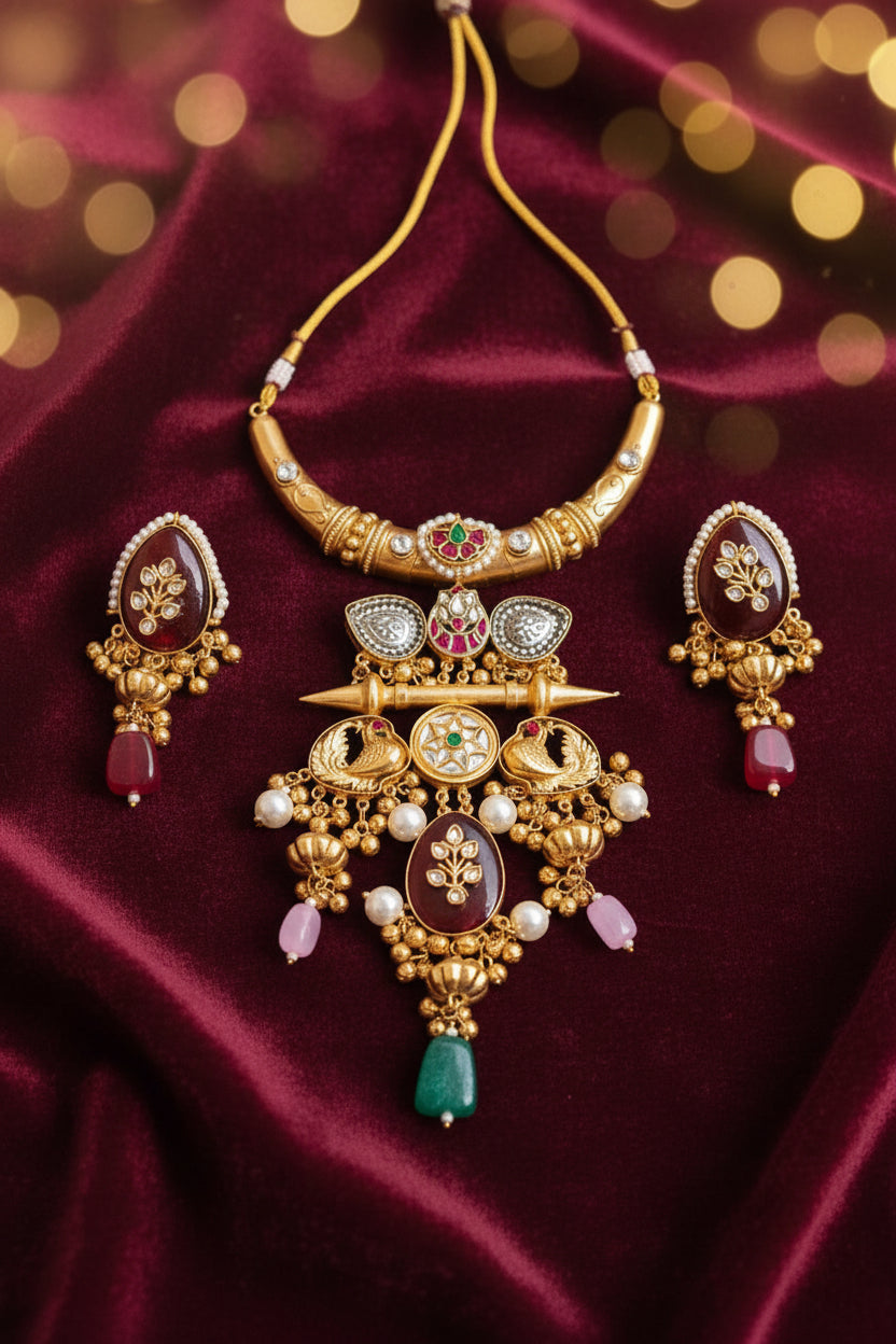 Ornate gold necklace with gemstones on a blue fabric background