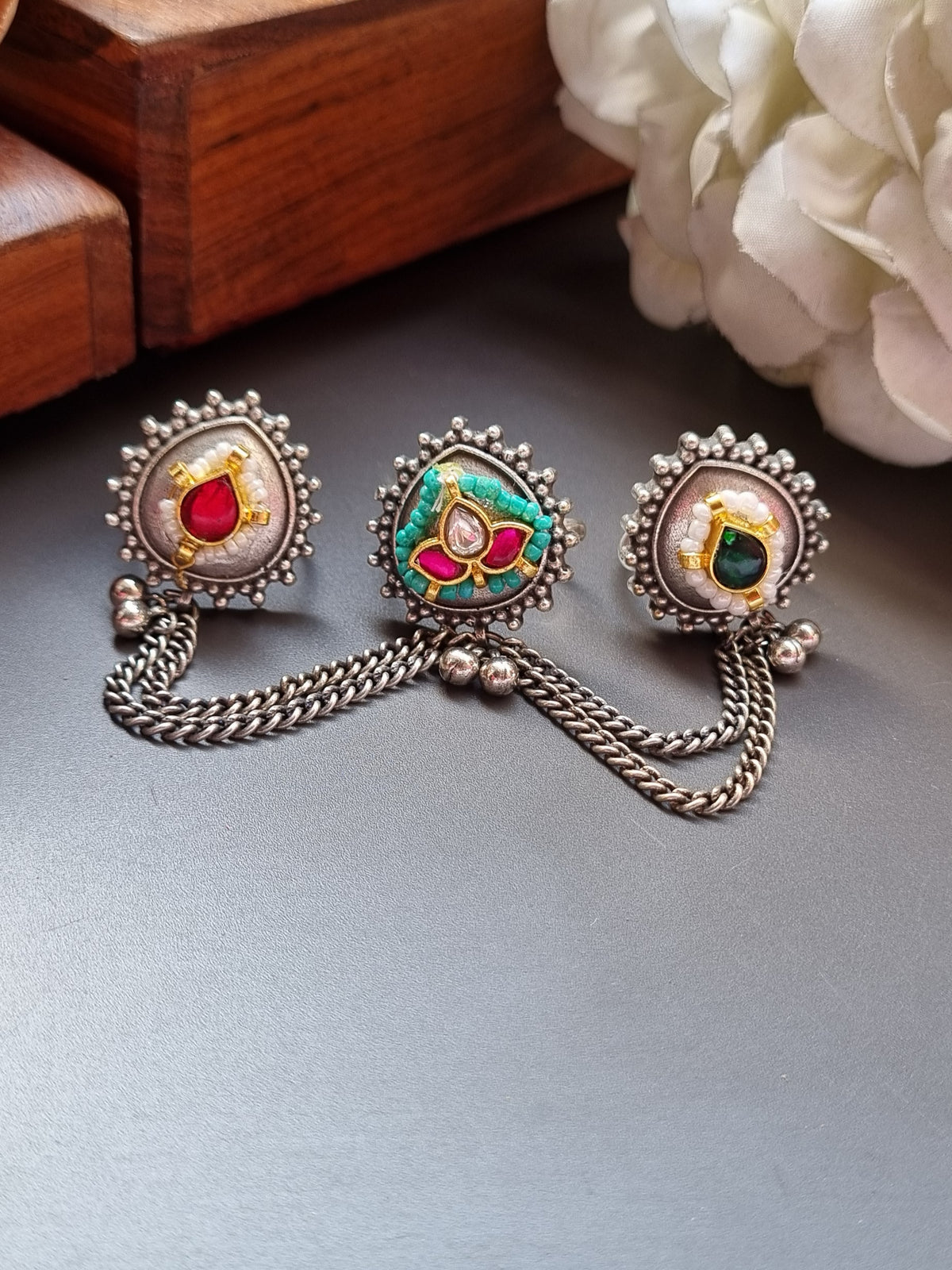 3 finger Pachi Kundan Brass Ring