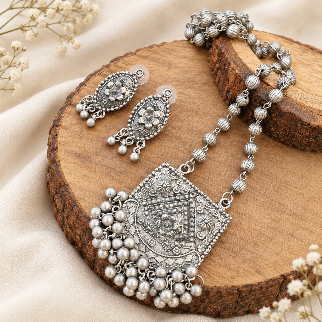 Misha Long Oxidised Necklace Set