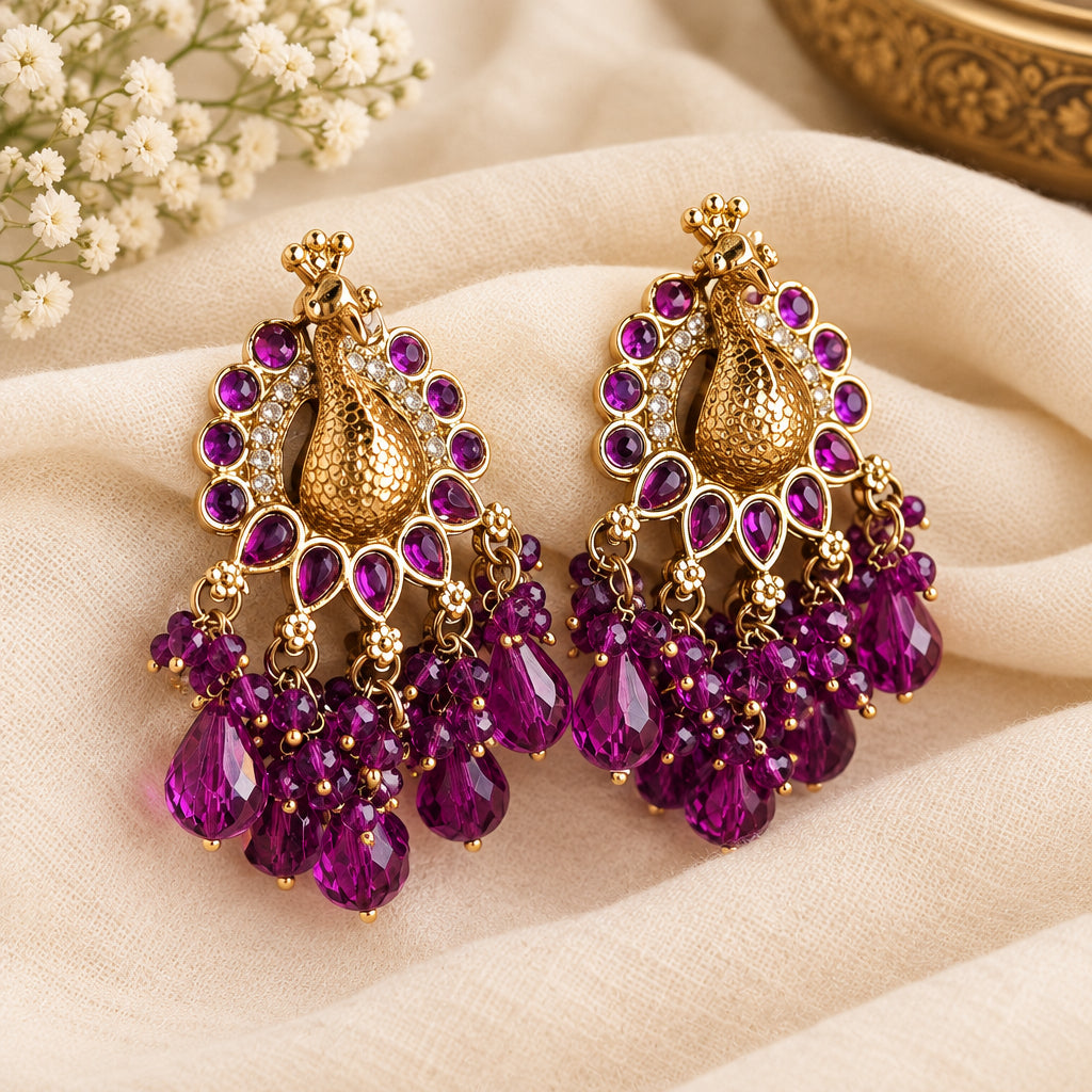 Peacock Golden Earrings- Purple