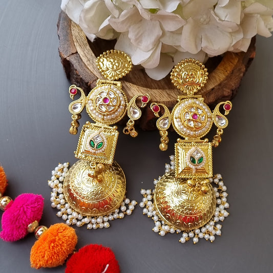 Golden Pachi kundan Jhumka