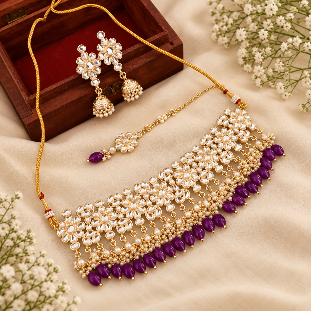 Kundan choker Set- Wine