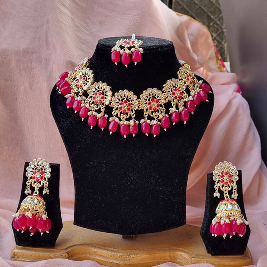 Pink Kundan Necklace Set- Temple Jewellery