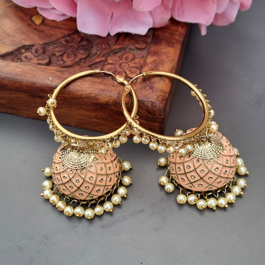 Cross Hoop Jhumka- Peach