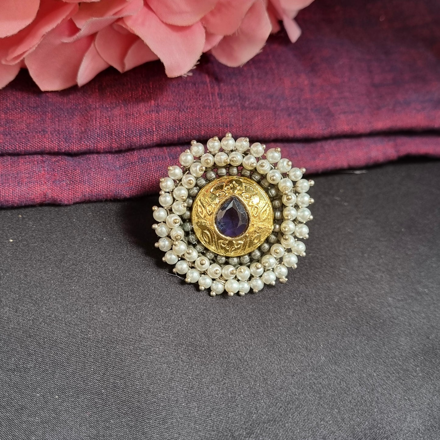 kundan statement Silver plated ring