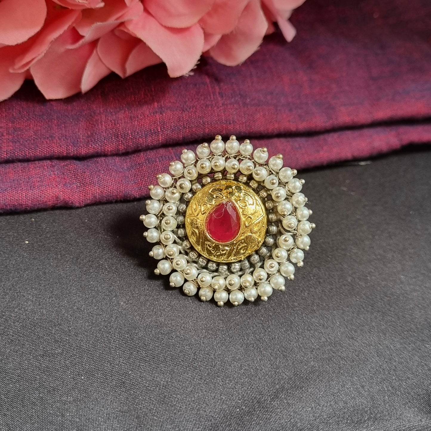 kundan statement Silver plated ring