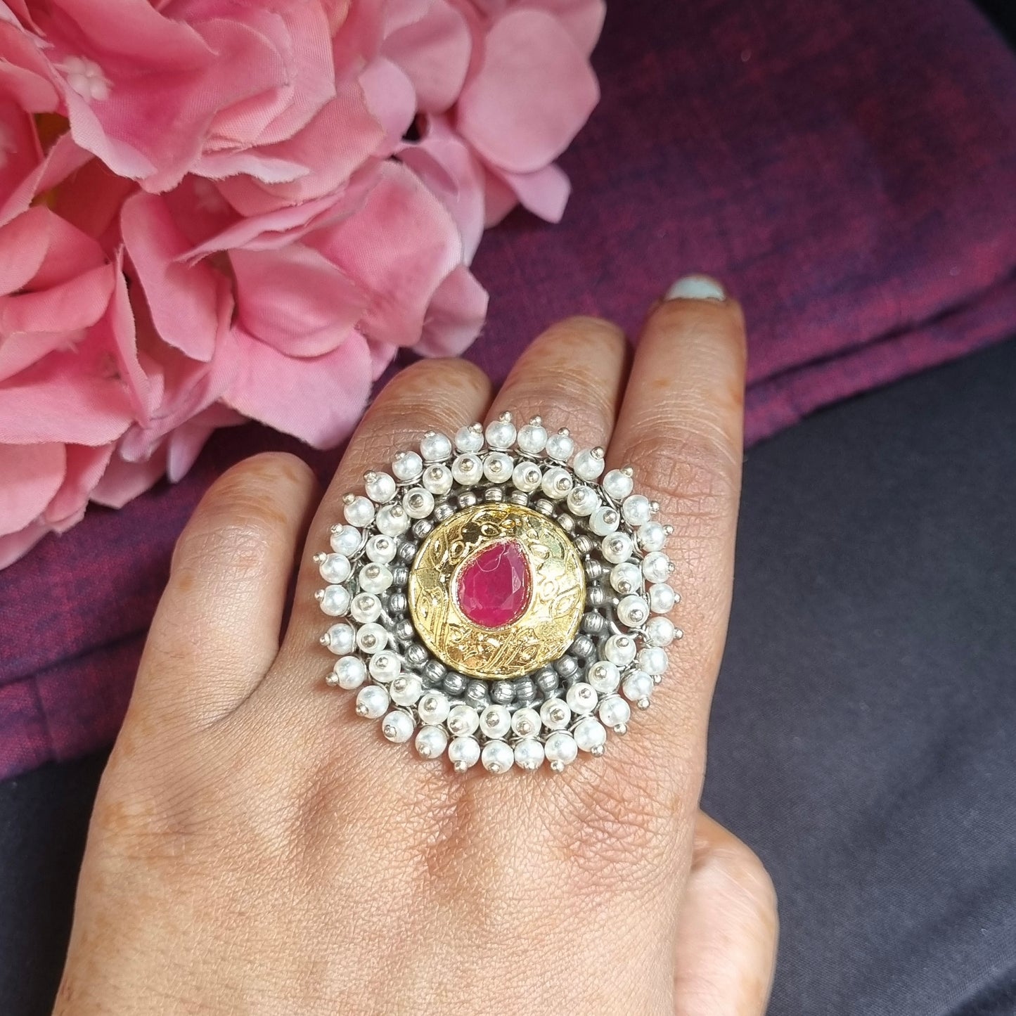 kundan statement Silver plated ring