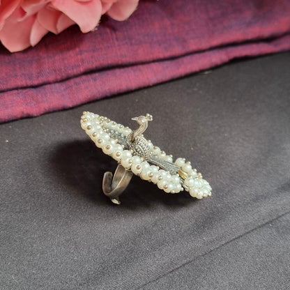 Peacock statement Silver plated ring