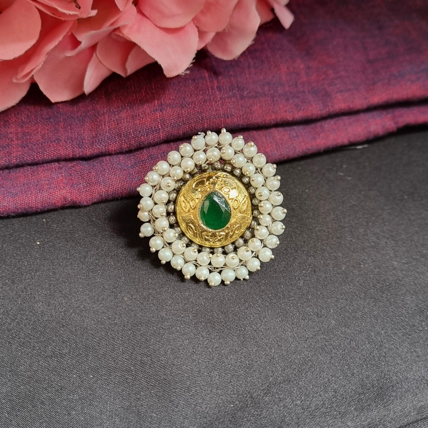 kundan statement Silver plated ring