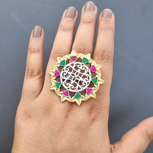 Pachi Kundan Dual Brass Ring