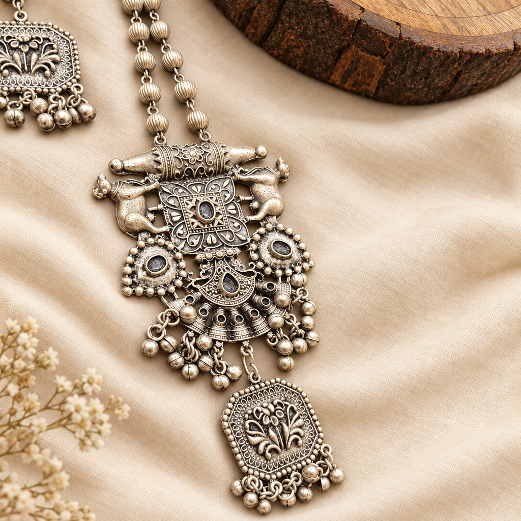 Nandi Long Oxidised Necklace Set