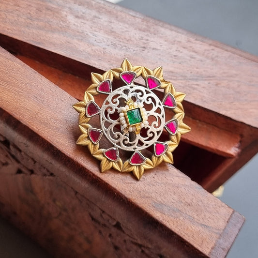 Pachi Kundan Dual Brass Ring